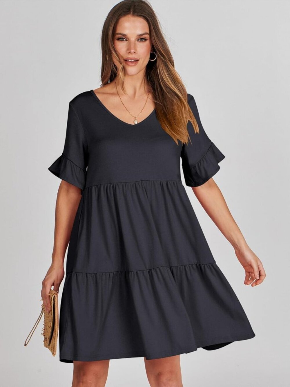 Anrabess Women's Black Floral Neck Ruffle Sleeve A Line Tiered Mini Flowy Dress - Picture 2 of 6